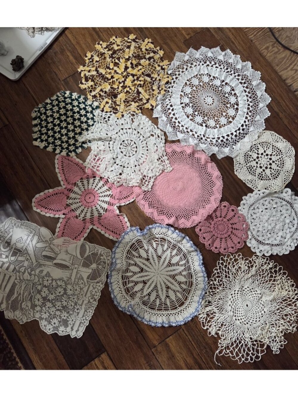 Vintage Handmade Crochet Doily Lot 12 pc White Pink Blue Lace Doilies
